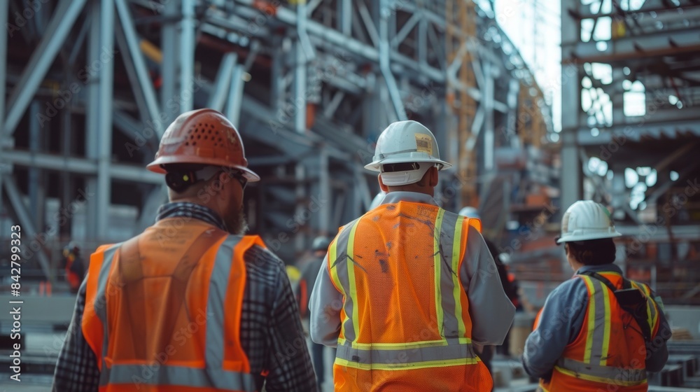 Workers in hard hats bustle around their bright vests standing out against the backdrop of the stadiums steel structure. Workers in hard hats bustle around their bright vests standing out against the backdrop of the stadiums steel structure.