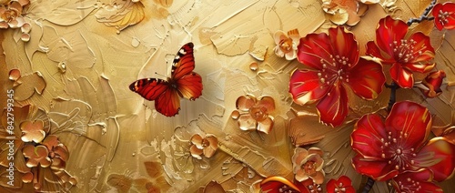 spring flowers painted with oil paints on canvas in peach tones and bright orange butterfly