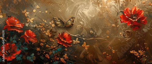 spring flowers painted with oil paints on canvas in peach tones and bright orange butterfly
