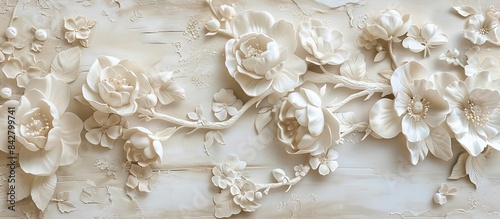 Beautiful flower 3d relief wallpaper. Mural wallpaper. Wall art. AI generated illustration. © Fatima