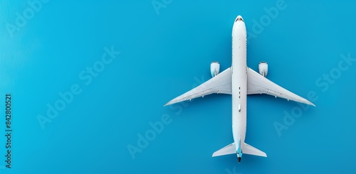 The background of this flat lay is a colorful paper with a miniature airplane on a blue sky and an airplane on a miniature toy background.