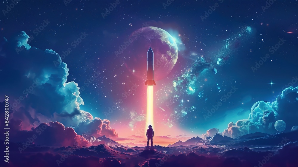 Obraz premium universe space podium background illustration astronaut rocket, planet moon, exploration celestial universe space podium background 