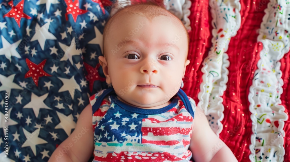 An adorable baby wearing a onesie with the American flag print, lying on a red, white, and blue blanket, symbolizing the future generations of the USA An adorable baby wearing a onesie with the American flag print, lying on a red, white, and blue blanket, symbolizing the future generations of the USA