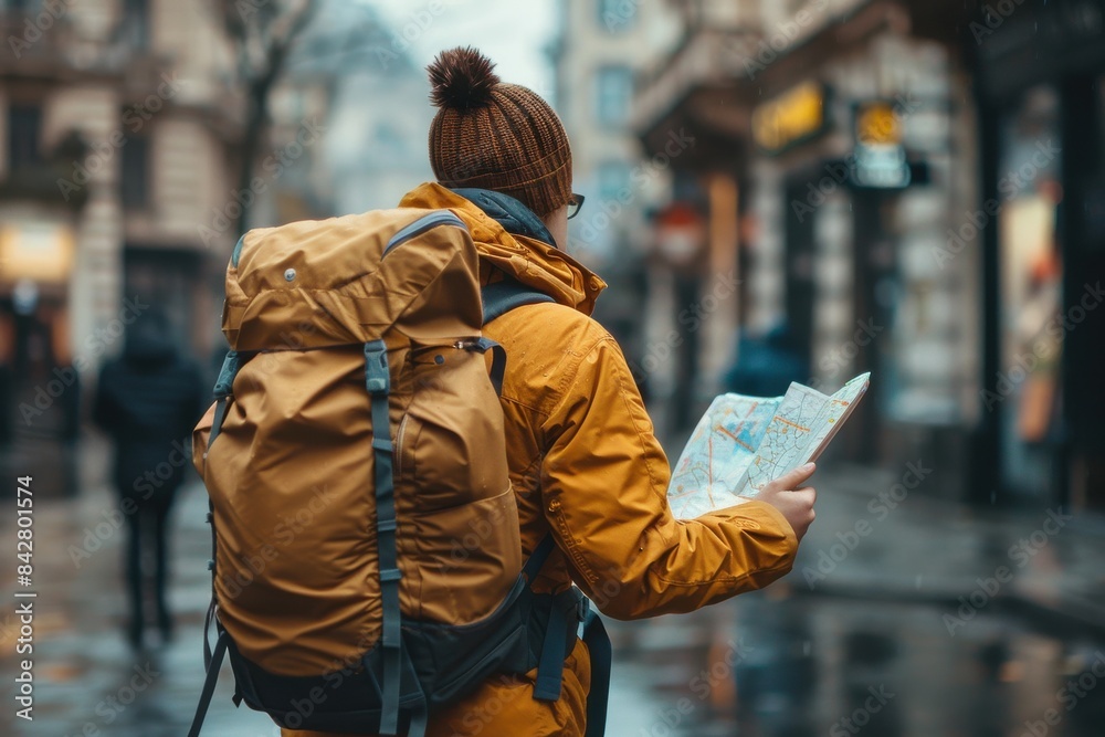 A person wearing a yellow backpack and a hat is holding a map in a city street A person wearing a yellow backpack and a hat is holding a map in a city street