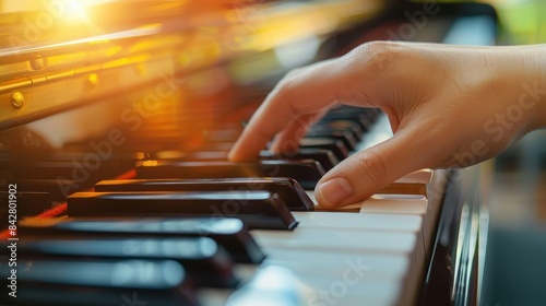 A hand is playing a piano with the sun shining on it