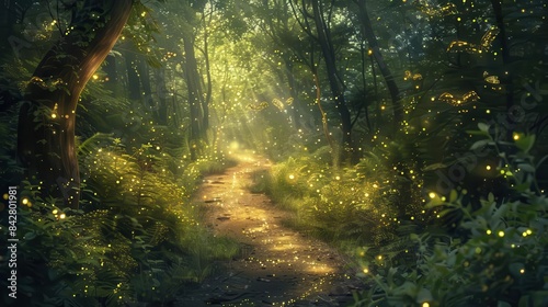 enchanted forest pathway illuminated by glowing fireflies creating a magical and dreamy atmosphere digital painting © Jelena
