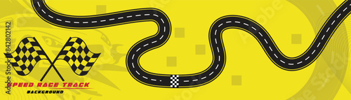 Creative vector illusion of race track isolated on yellow background. Speed race track background design with sport car.