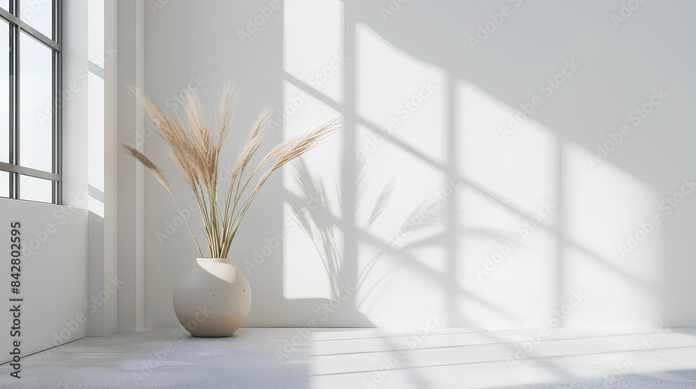 3D rendering of a large white room with a plant in the corner. The sun shines through the window, casting beautiful shadows on the wall and floor. 3D rendering of a large white room with a plant in the corner. The sun shines through the window, casting beautiful shadows on the wall and floor.