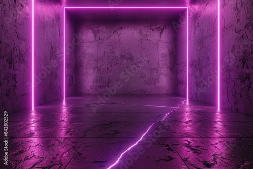 Neon Sci Fi Retro Cyber Glowing Purple Blue Rectangle Frame On Dark Concrete Rough Floor Empty Spaceship Garage Tunnel Background 3D Rendering Illustration