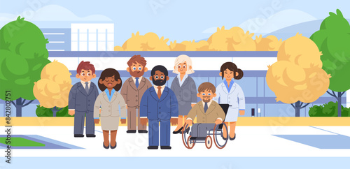 Successful diverse business team outdoor office building. Happy employees flat vector illustration
