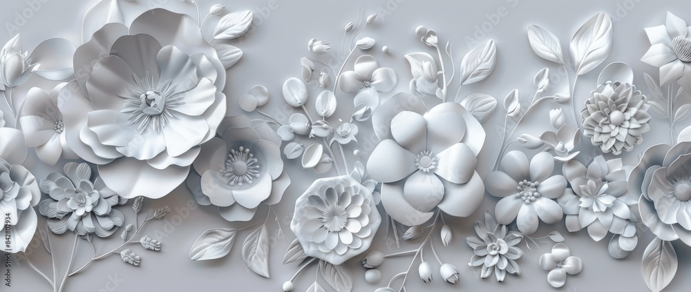 3d render of paper cut of white flowers on grey background 3d render of paper cut of white flowers on grey background