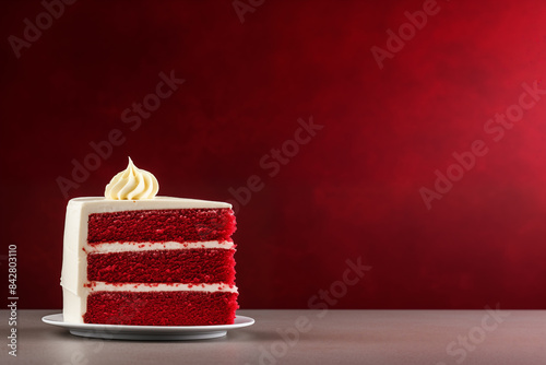 Piece of red velvet cake with red background and copy space for text photo