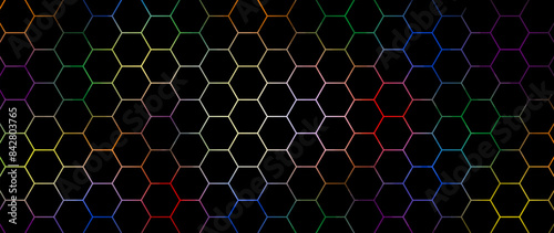 Black hexagon abstract technology background with colorful bright flashes under hexagon. Hexagonal gaming vector abstract tech background.