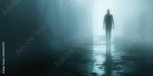 Shadowy Figure A clean  minimal background with the faint silhouette of a shadowy figure in the distance  creating a spooky atmosphere with plenty of copyspace