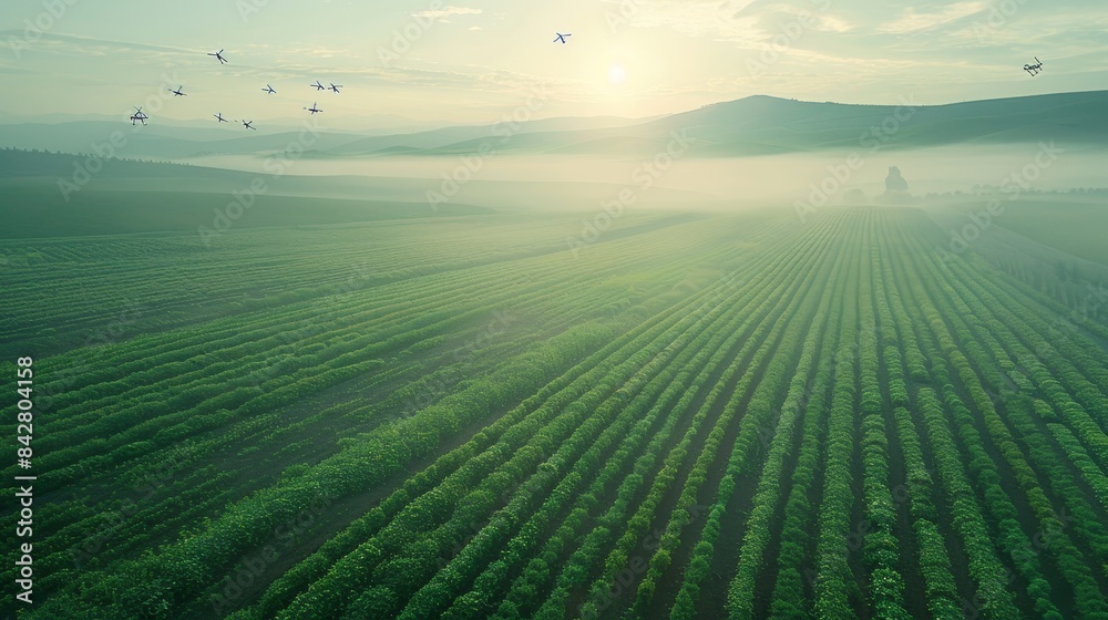 Futuristic agricultural scene drone pollinators and automated farming machinery in panoramic view Futuristic agricultural scene drone pollinators and automated farming machinery in panoramic view