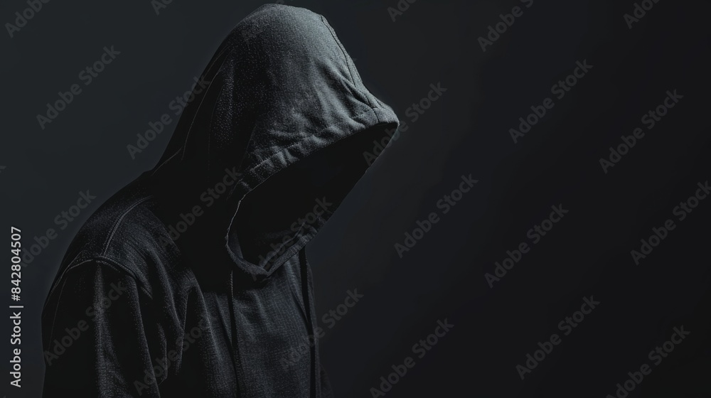 Man in black hoodie with hood up, front view on dark background. Man in black hoodie with hood up, front view on dark background.