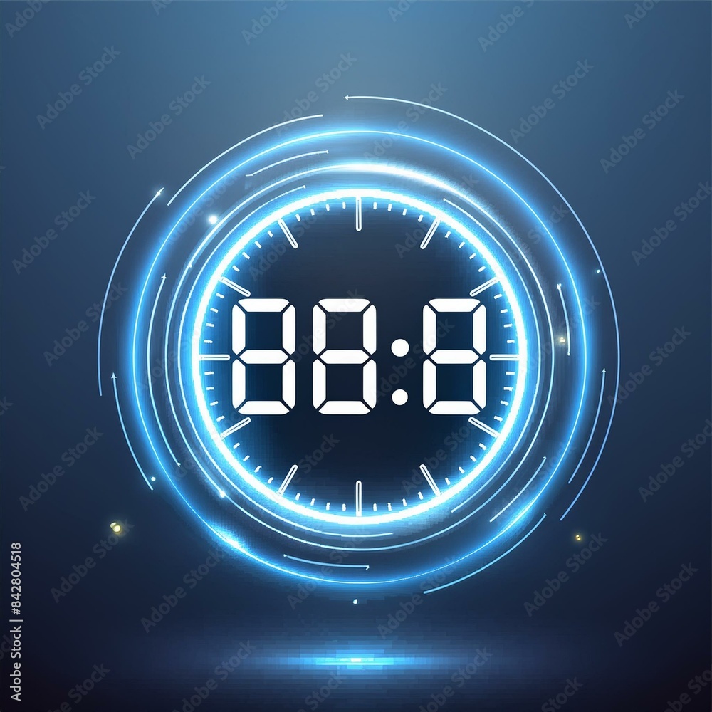 A futuristic digital clock light effect. A glowing silhouette of a clock representing time. Background laser blue neon clock illustration A futuristic digital clock light effect. A glowing silhouette of a clock representing time. Background laser blue neon clock illustration