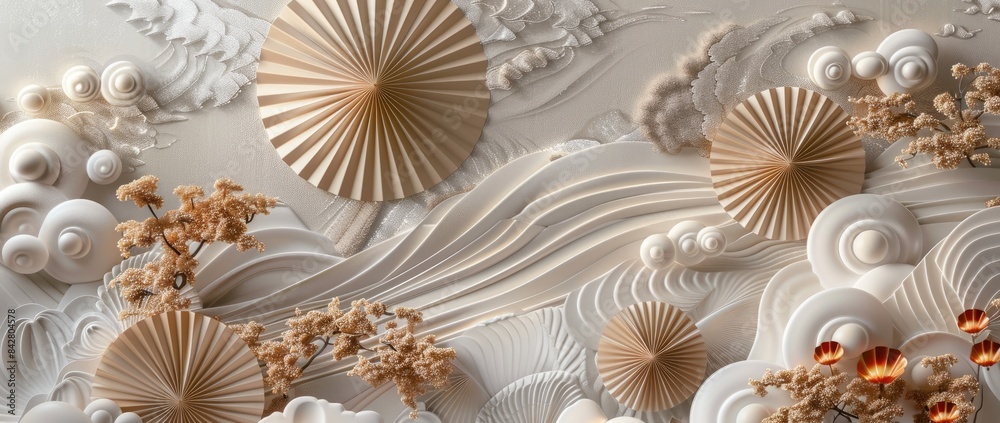 3D wallpaper with Japanese and Chinese hand fans 3D wallpaper with Japanese and Chinese hand fans
