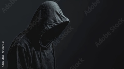 Man in black hoodie with hood up, front view on dark background.