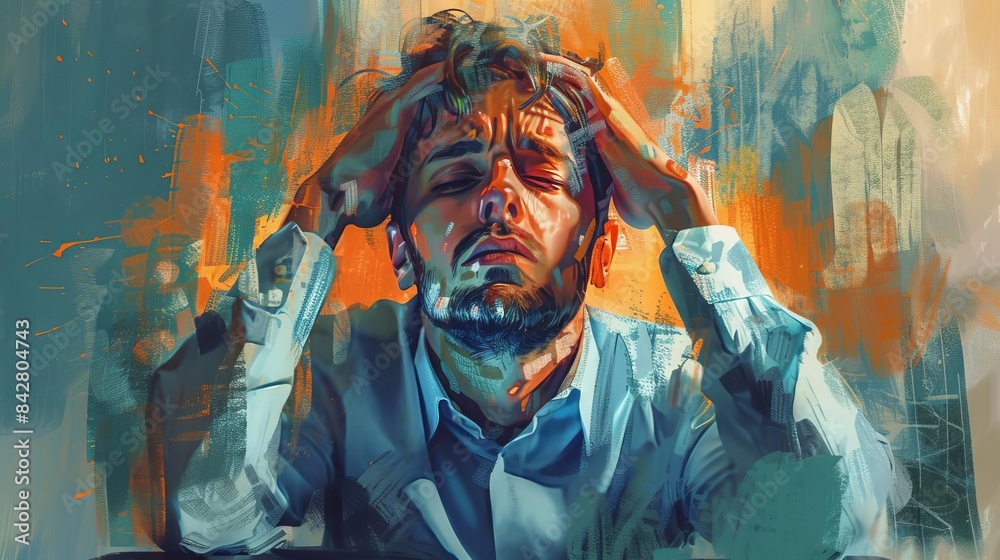 Obraz premium exhausted overworked employee with tired expression burnout and stress concept digital painting