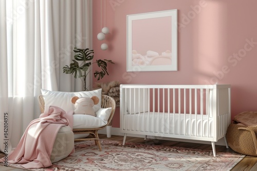 A nursery room with a white crib, a white wall, and a pink wall