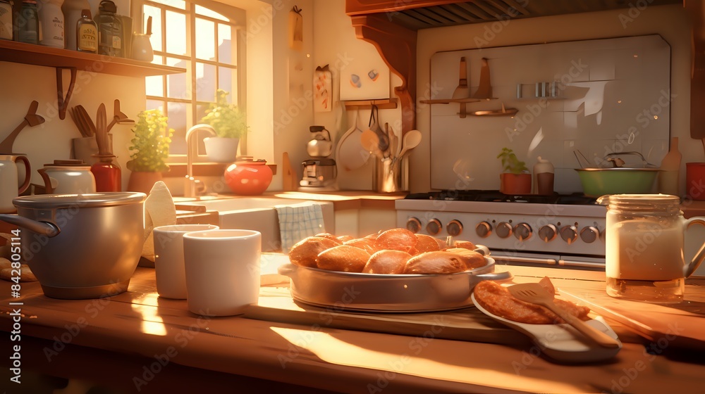 Pancakes for breakfast in a cozy kitchen Pancakes for breakfast in a cozy kitchen