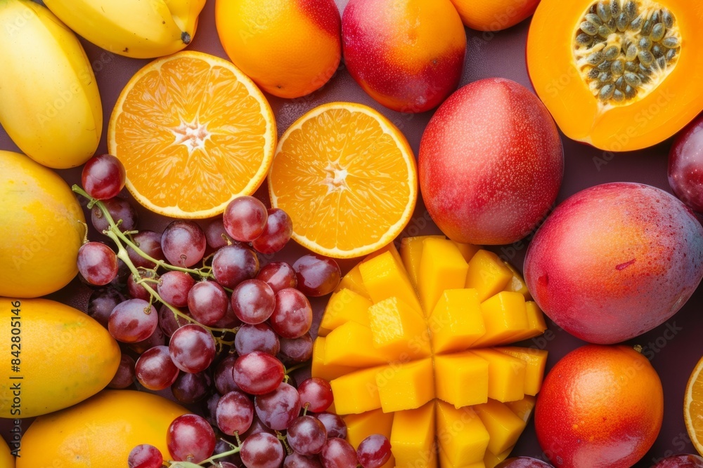 A colorful array of fresh fruits including mango, kiwi and oranges arranged on top of each other in an aerial view. A colorful array of fresh fruits including mango, kiwi and oranges arranged on top of each other in an aerial view.