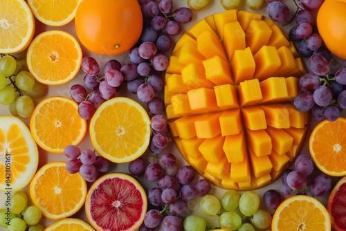 A colorful array of fresh fruits including mango  kiwi and oranges arranged on top of each other in an aerial view. 