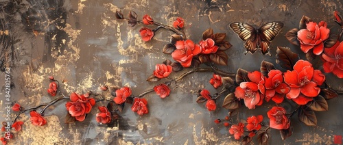 spring flowers painted with oil paints on canvas in peach tones and bright orange butterfly