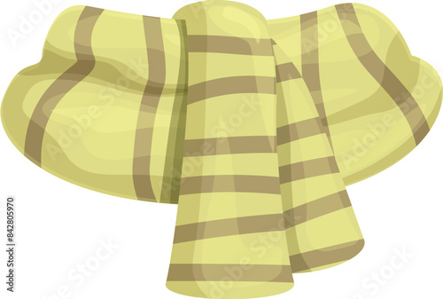 Green striped winter scarf tied around the neck, providing warmth and comfort during the colder months