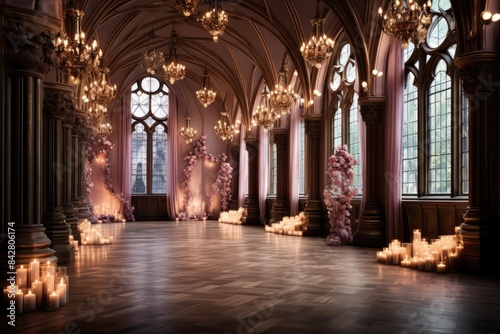 Enchanted room with castle  curtains and magic lighting.  generative IA