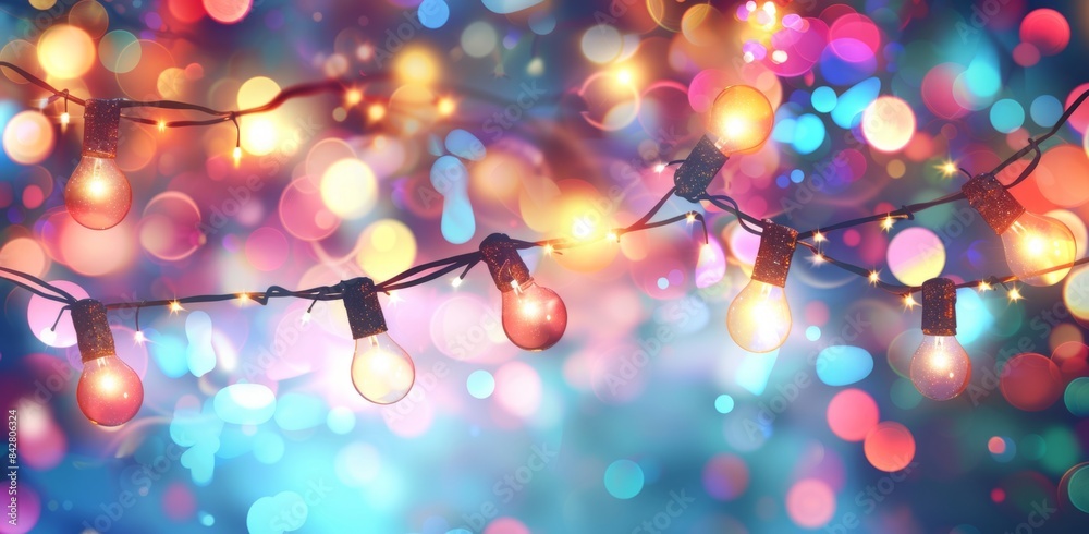 abstract background with hanging string lights and bokeh, glowing light bulbs on colorful background abstract background with hanging string lights and bokeh, glowing light bulbs on colorful background
