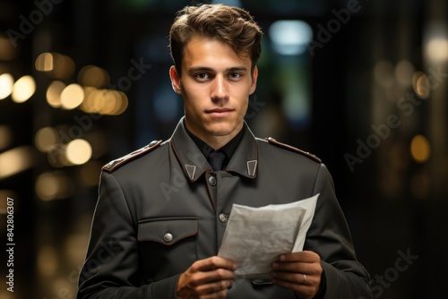 Beautiful young man smiling, uniform deserter, holding a paper package and speakin, generative IA photo