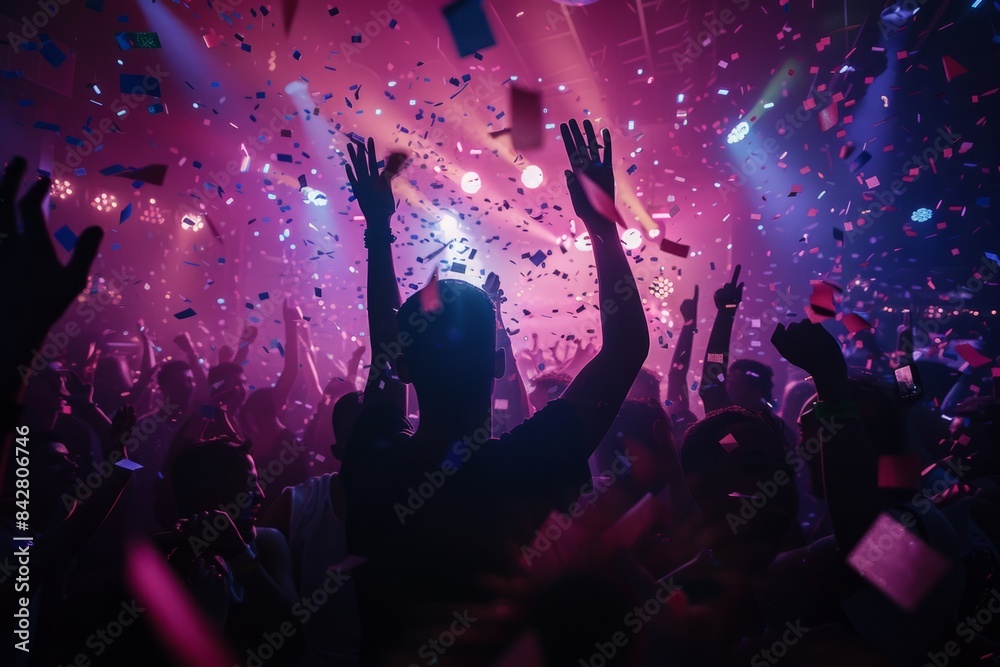 crowd having fun at a nightclub partying with raised hands dancing and celebrating in the club with confetti. crowd having fun at a nightclub partying with raised hands dancing and celebrating in the club with confetti.