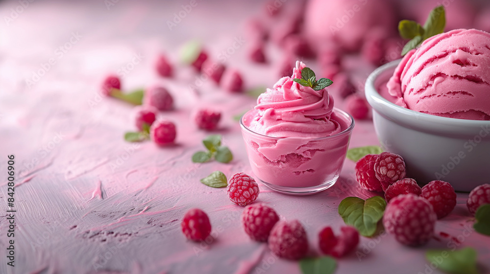 Soft homemade whipped berry ice cream garnished with fresh berries and mint on pink background, copy space. Soft homemade whipped berry ice cream garnished with fresh berries and mint on pink background, copy space.