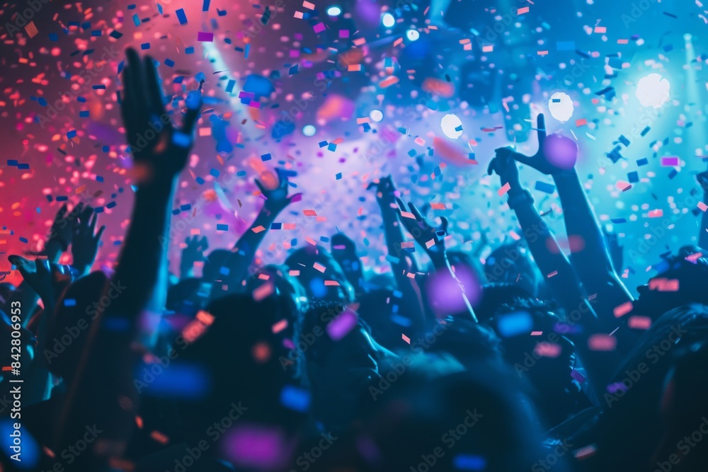 crowd having fun at a nightclub partying with raised hands dancing and celebrating in the club with confetti. crowd having fun at a nightclub partying with raised hands dancing and celebrating in the club with confetti.