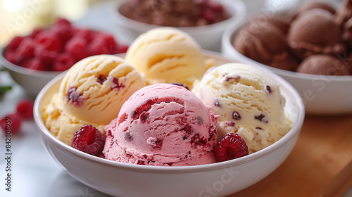 Homemade ice cream made from fresh berries with basil in glass bowl 