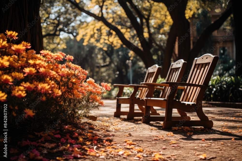 A serene oasis benches under shadow in park to meditate., generative IA A serene oasis benches under shadow in park to meditate., generative IA