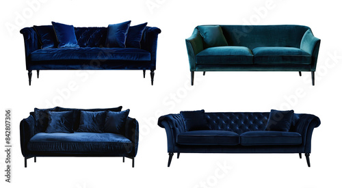 Set of four three-seater sofas with a deep dark blue velvet cover, high back, and armrests isolated on the translucency background. Front view. photo