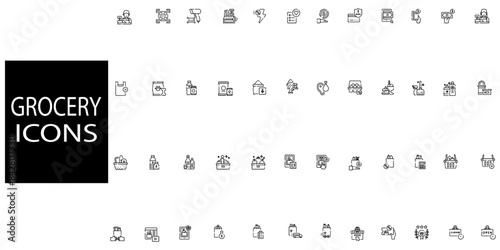 Grocery simple concept 48 icons set. Contains such icons as Online shopping, store, delivery, promotion and shopping cart symbol. Solid icons vector collection.