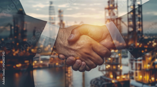 business people shaking hands business cooperation agreement crude oil industry background