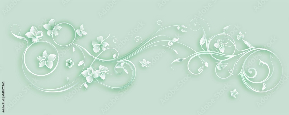 Elegant floral swirls with delicate flower motifs on a light green background Elegant floral swirls with delicate flower motifs on a light green background