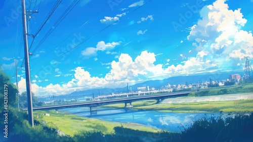 橋の見える土手の風景_2