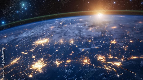 futuristic global network connections glowing lights on dark blue earth from space