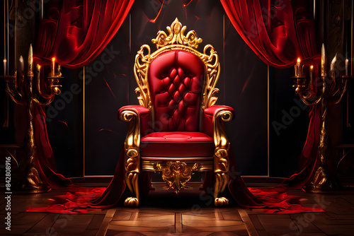 A red and gold chair with ornate carvings sits in a dimly lit room. Light from an unseen source casts long shadows behind the chair. The chair is reminiscent of a throne fit for a king or queen.
