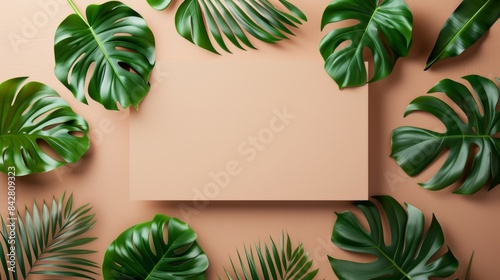 Monstera and palm leaves frame on beige background, nature and beauty concept photo
