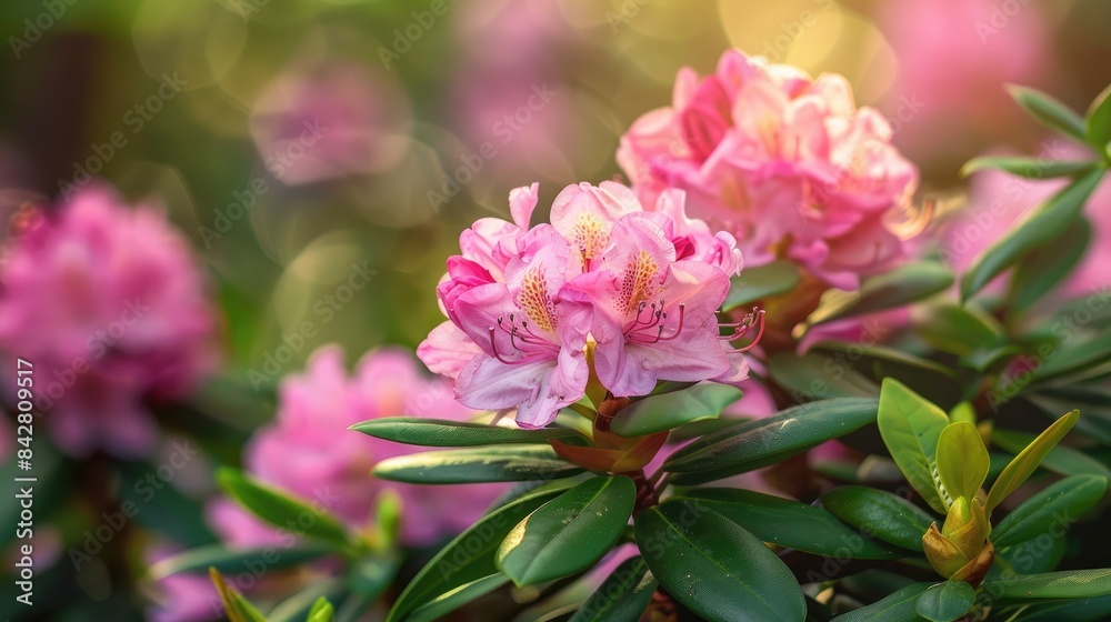 Rhododendrons flower with fresh green leaves during the spring season