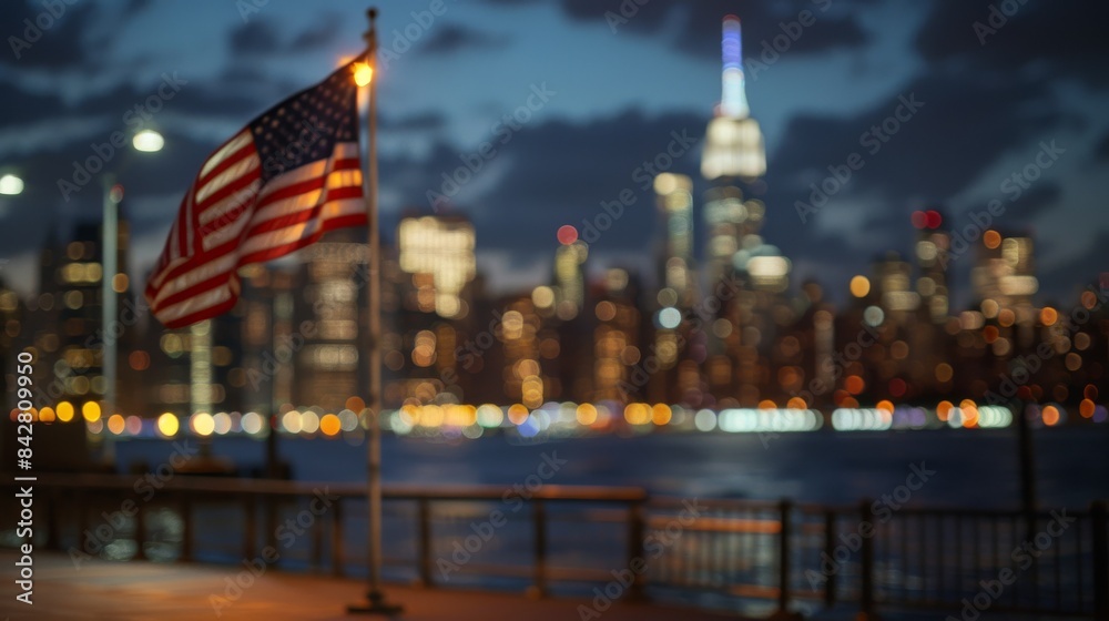 Obraz premium Sunset view of a city skyline with an American flag in the background. Stock of a sunset city skyline.