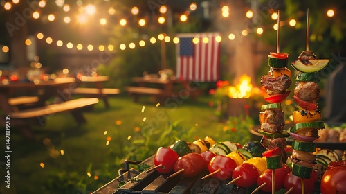 Detailed shot of barbecue skewer with colorful veggies and meat, framed by 4th of July party setup, an illuminated US Flag hanging nearby, watercolor painting style