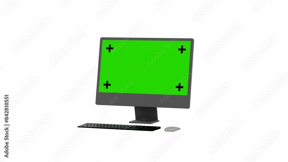 Computer monitor with keyboard and mouse on a white background. Green screen mockup Render 3D Computer monitor with keyboard and mouse on a white background. Green screen mockup Render 3D